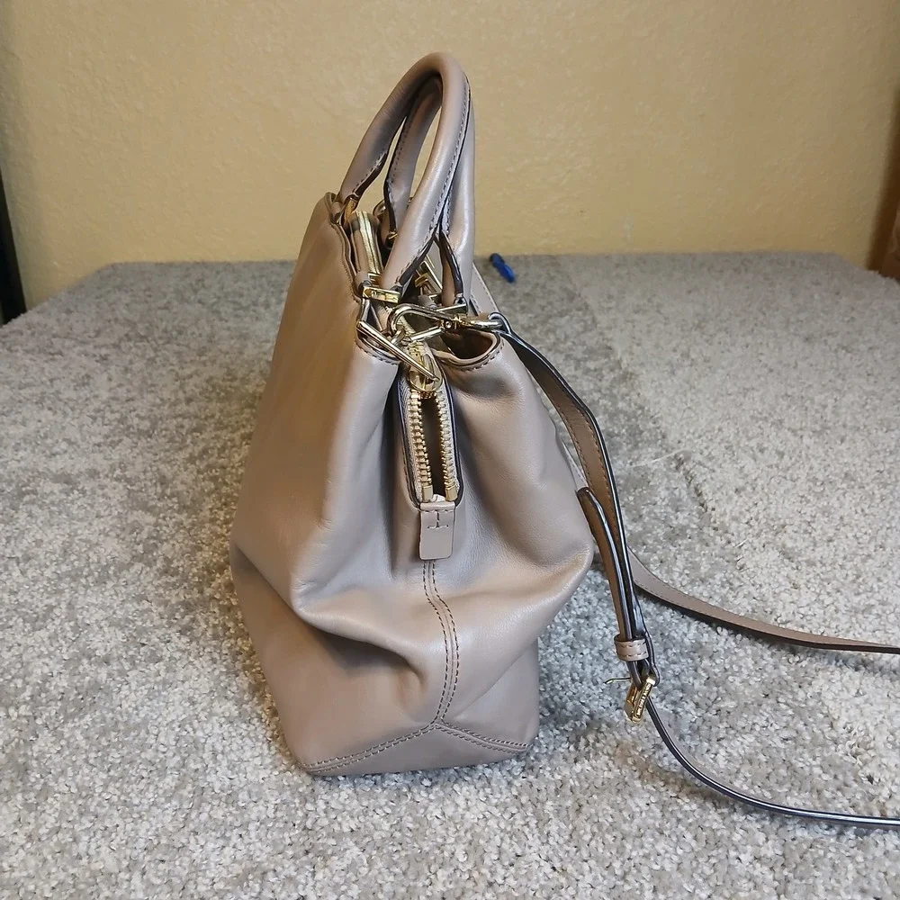 Michael Kors Taupe Leather Satchel Crossbody Bag Gold Hardware MK Handbag Logo